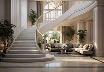 The interior design of the modern entrance hall with the staircase in the villa