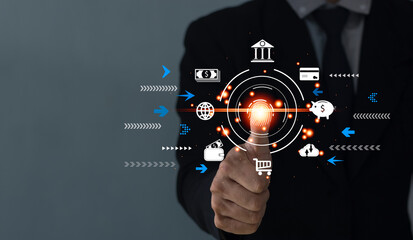 futuristic digital processing of biometric identification fingerprint scanner for access personal financial data. surveillance and security scanning of digital programs cyber futuristic applications.