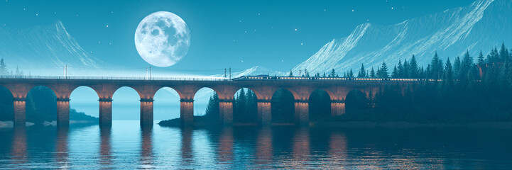Fototapeta na wymiar Bullet train crossing bridge over the water with view of mountains and forest