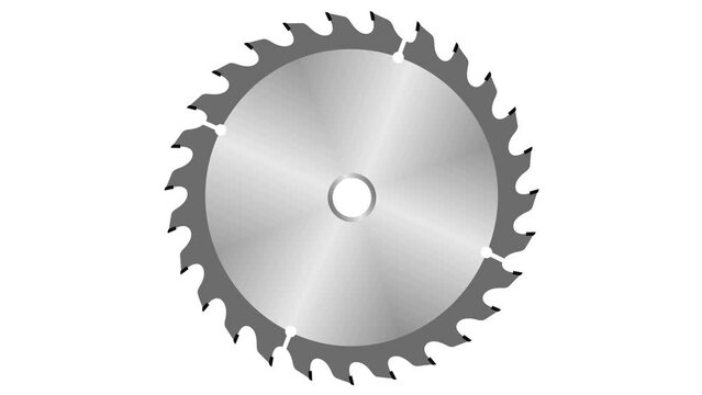 Circular saw blade rotates on an isolated white background. Tool for cutting lumber. Animated video. Fast spin