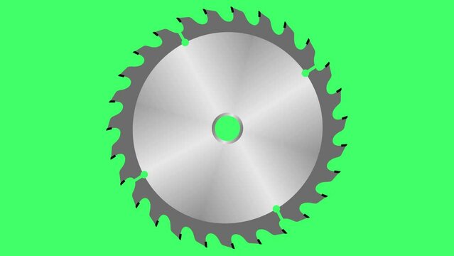 Circular saw blade rotates on an isolated green background. Tool for cutting lumber. Animated video.