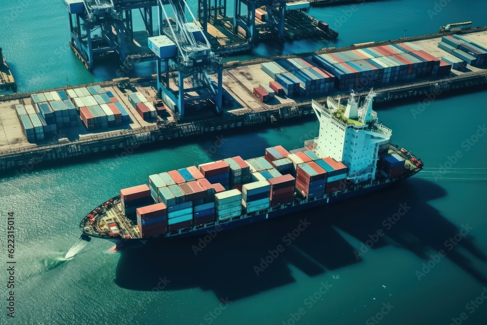 Poster aerial view of a cargo container ship. fully loaded container ship against the background of a cargo