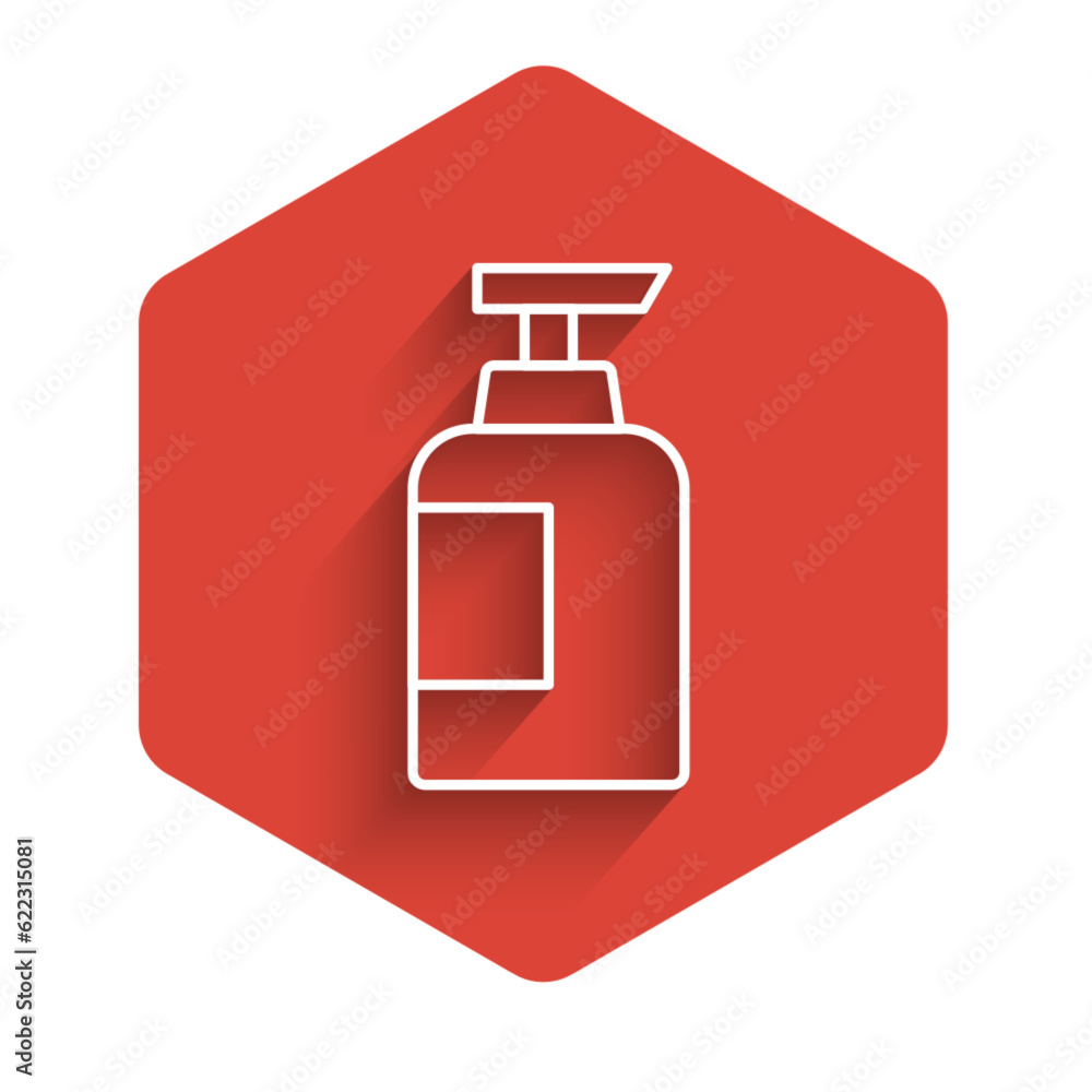 Poster white line bottle of shampoo icon isolated with long shadow background. red hexagon button. vector