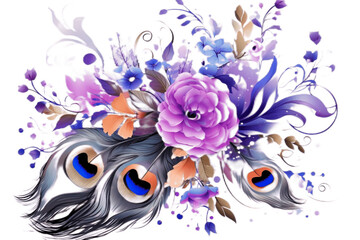 Florals and Peacock Feather with Beautiful Design on Transparent Background. Generative AI