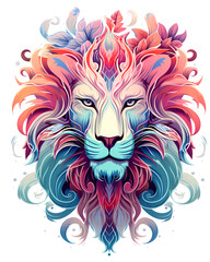 Illustration of a colorful lion, artistic ornemental design in pop colors - Inspiring animals theme
