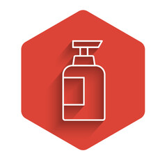White line Bottle of shampoo icon isolated with long shadow background. Red hexagon button. Vector