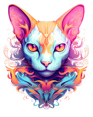 Illustration of a colorful cat, artistic ornemental design in pop colors - Inspiring animals theme