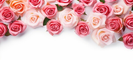 Fototapeta na wymiar Blooming flowers spring banner - Colorful pink roses, isolated on a white background, top view (Generative Ai)