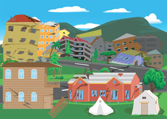 destroyed houses and cracked earth in the earthquake