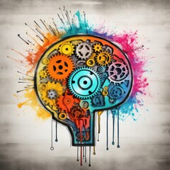 colorful brain sketch with gears drawn on concrete wall 