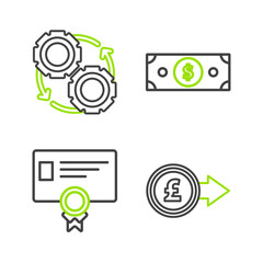 Set line Coin money with pound sterling symbol, Certificate template, Stacks paper cash and Gear and arrows workflow process concept icon. Vector