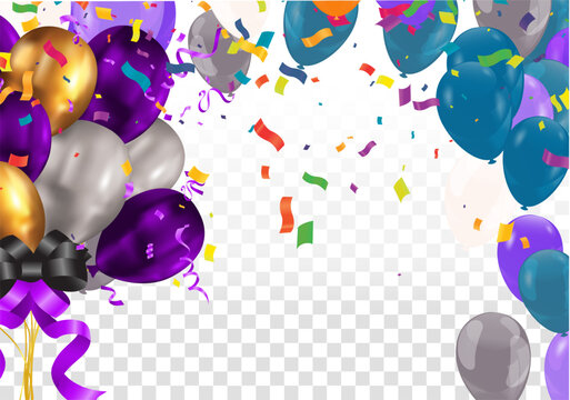 Celebrate background. Party flags with confetti. Realistic balloons. Vector illustration. purple,blue,golden color