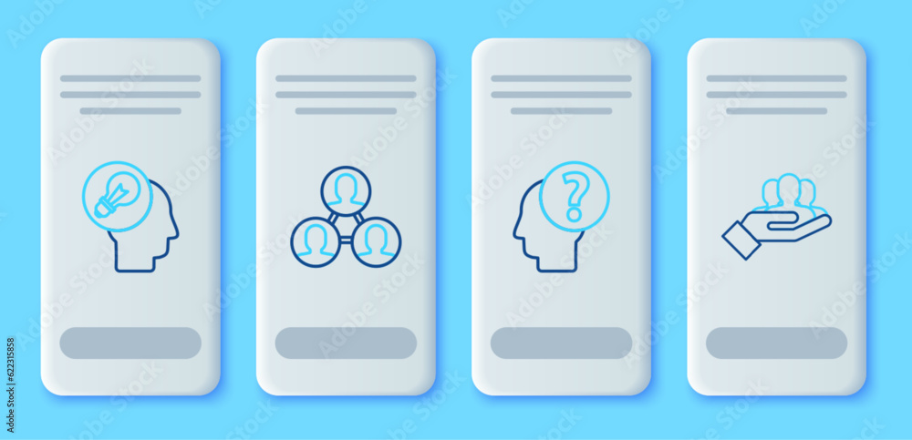 Poster set line project team base, human head with question mark, lamp bulb and icon. vector