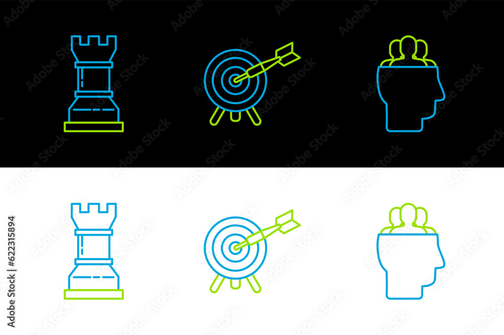 Poster set line project team base, business strategy and target with arrow icon. vector