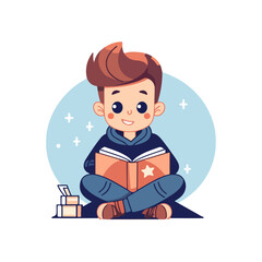 student boy reading a book vector, character learning illustration