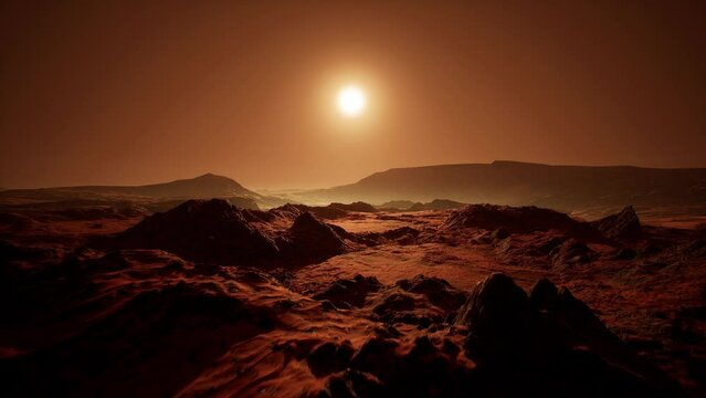Front aerial shot at sunset of the red Martian desert surface on Mars. Sci-Fi landscape