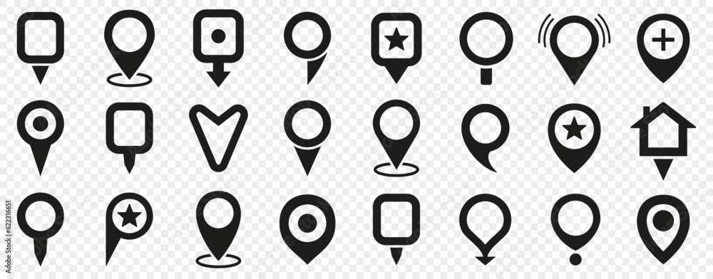 Poster Location map pointer collection. Set of black map pin icons. Black pin position icon collection. Navigation map pointer