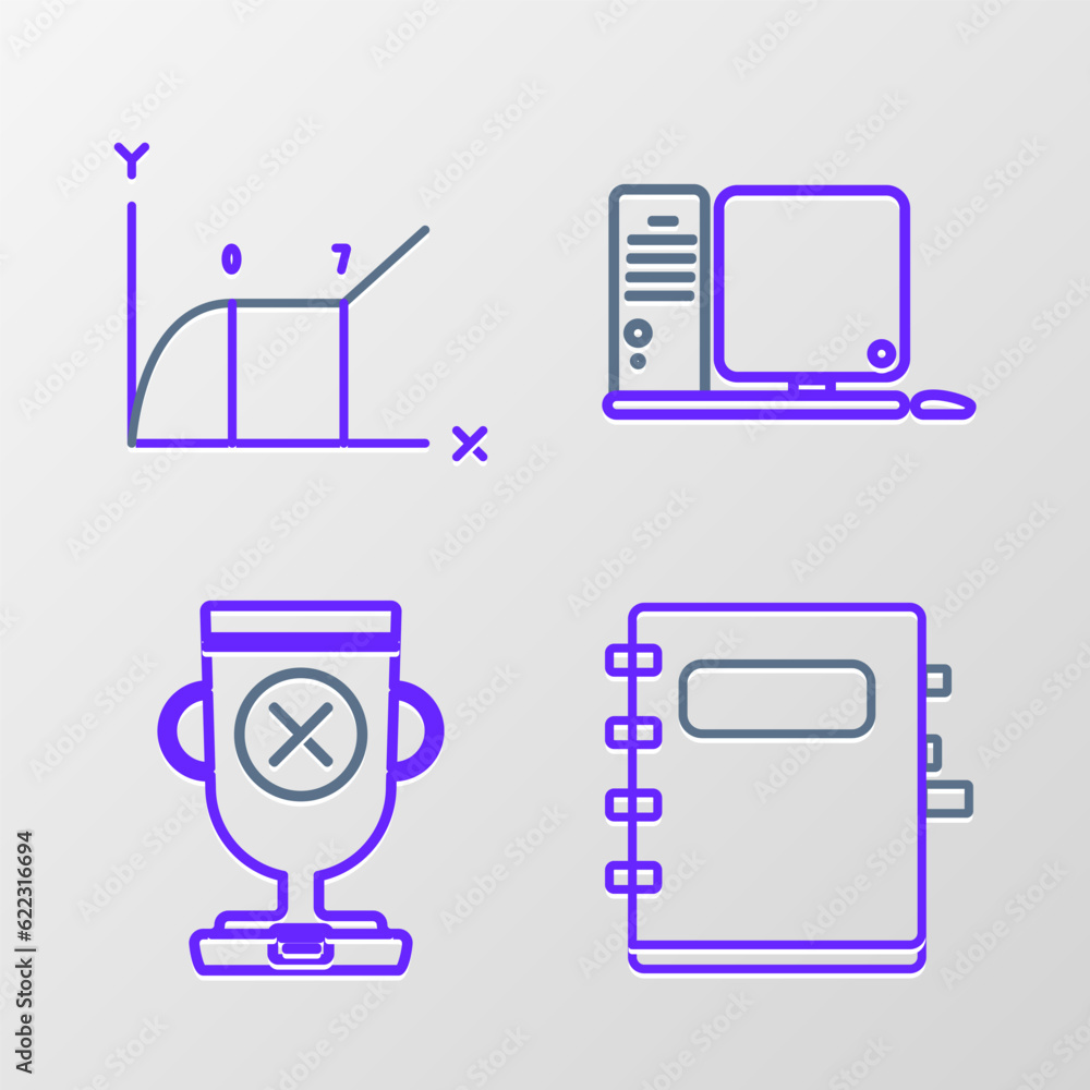 Poster set line notebook, award cup, computer monitor with keyboard and mouse and pie chart infographic ico