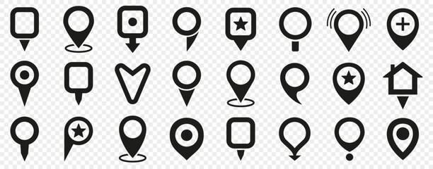 Location map pointer collection. Set of black map pin icons. Black pin position icon collection. Navigation map pointer