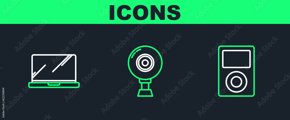 Poster set line music player, laptop and web camera icon. vector