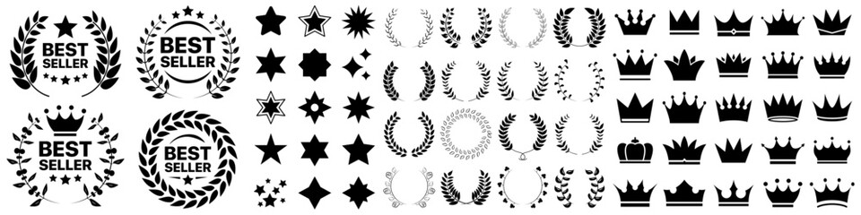 Best seller emblem badge collection with star, crown and laurel wreath icons elements
