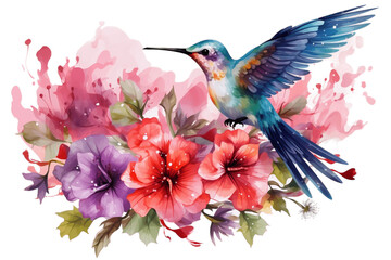 Watercolor Floral Hummingbird on Transparent Background. Generative AI