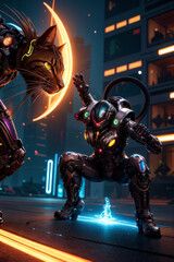 an extremely detailed biomechanical cyberpunk cat fighting with the enemy, glowing eyes, fantasy art, hyperrealism, polished, beautiful, radiant, colorful, intricate, vray, nvdia ray tracing, octane 
