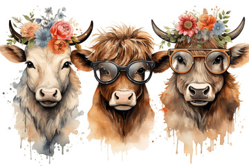 Watercolor Floral Animals Wearing Glasses Cow on Transparent Background. Generative AI