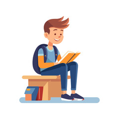 student boy reading a book vector, character learning illustration