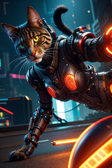 an extremely detailed biomechanical cyberpunk cat fighting with the enemy, glowing eyes, fantasy art, hyperrealism, polished, beautiful, radiant, colorful, intricate, vray, nvdia ray tracing, octane 