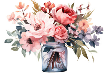 Watercolor Flowers Bouquet in Jar Floral Illustration on Transparent Background. Generative AI