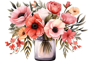 Watercolor Flowers Bouquet in Jar Floral Illustration on Transparent Background. Generative AI
