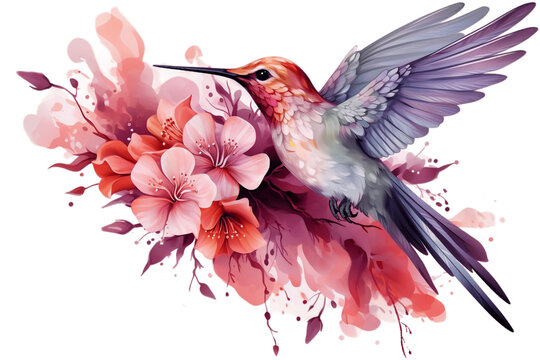 Watercolor Floral Hummingbird on Transparent Background. Generative AI
