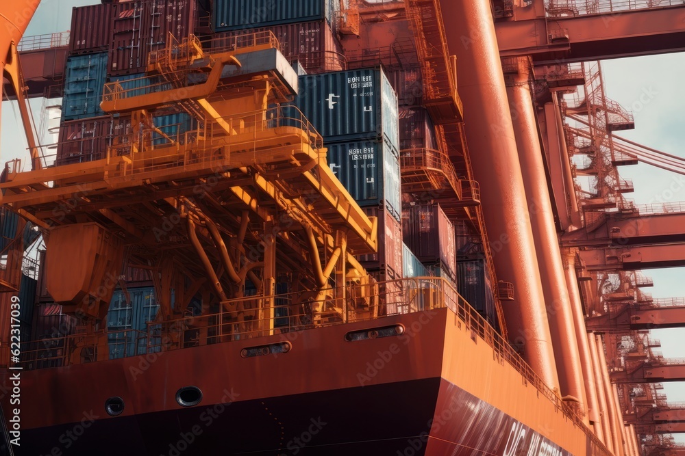 Poster close up view of a huge industrial crane loading containers on board a cargo ship and stacking them 