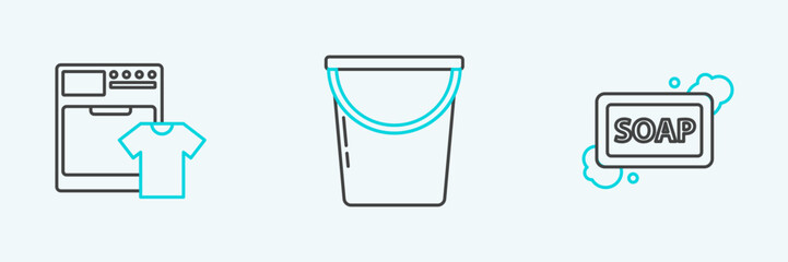 Set line Bar of soap with foam, Washer and t-shirt and Bucket icon. Vector