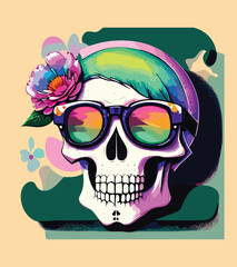 skull head surrounded by flowers and leaves illustration