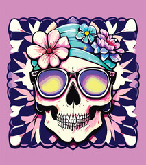 skull head surrounded by flowers and leaves illustration