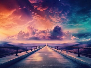 Fototapeta na wymiar Mystical road to success with purple red sunset among clouds generative ai