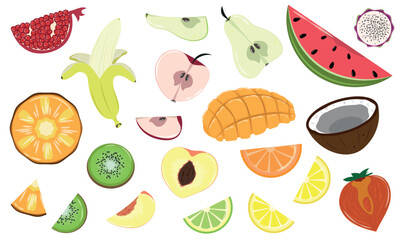Slices and halves of different fruits