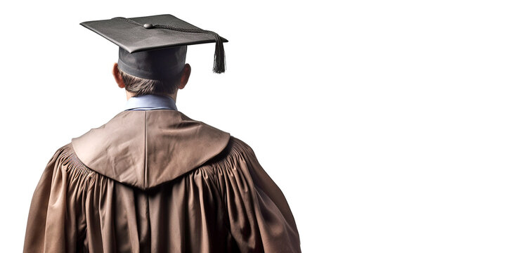 Young male wearing a square academic cap and study gown, viewed from the back and on an isolated background. Generative AI