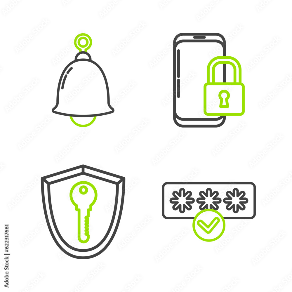 Sticker set line password protection and safety access, shield with key, smartphone closed padlock and ringi