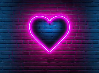 Neon heart with a glow on the background of a dark brick wall. Neon sign pink and blue. Created with Generative AI technology.