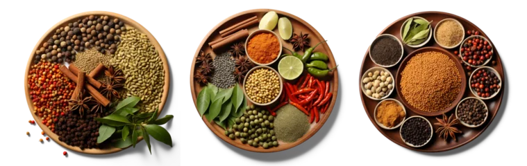Poster A top view of various Indian spices and seasonings on wooden plates isolated over a transparent background © gmBot