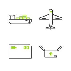 Set line Cardboard box with traffic symbol, Envelope, Plane and Cargo ship boxes delivery service icon. Vector