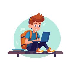 student boy using laptop virtual learning vector illustration