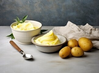 Composition with tasty mashed potatoes on light background. Created with Generative AI technology.