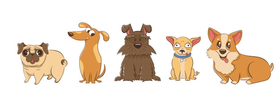 Set of funny cartoon small dogs in flat style.