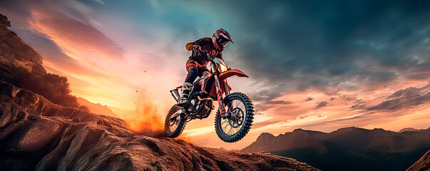 Obraz premium Motorcycle rider jumping on a rock.