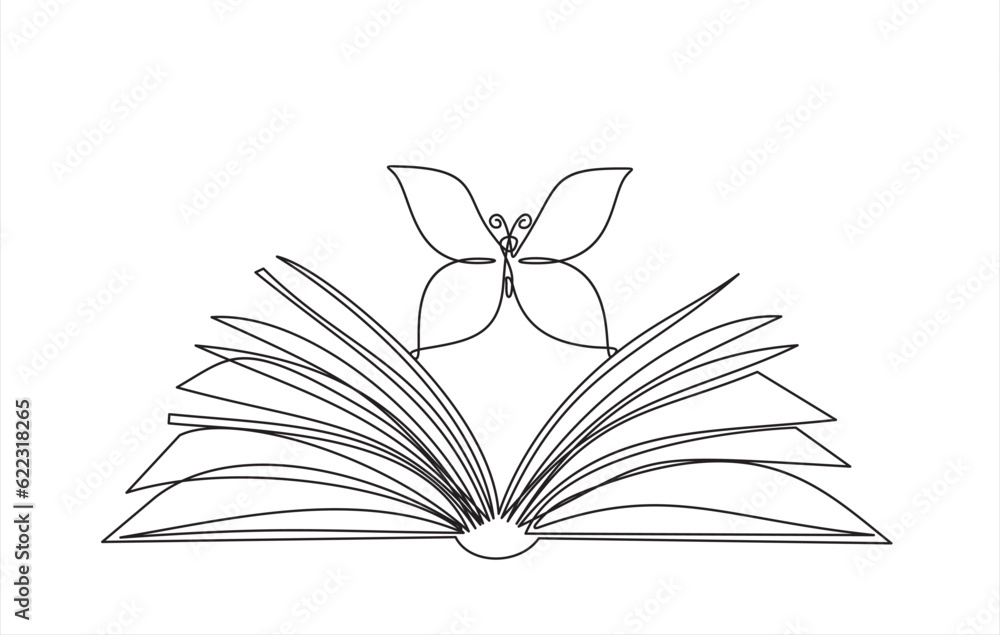 Poster continuous one line drawing of open book with flying butterfly. vector illustration on white backgro