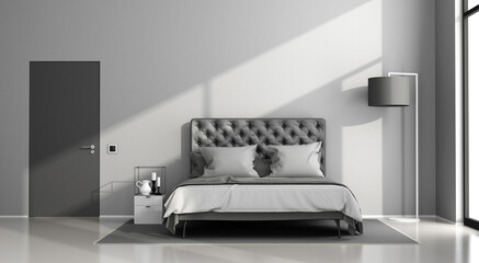 Black and gray master bedroom with elegant double bed and closed door - 3d rendering
